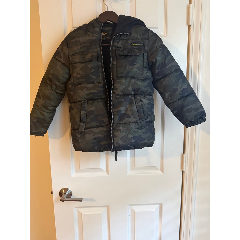 iXtreme Boys Camo Puffer Coat Size S 6 Green Black Hooded Winter Jacket IX914141